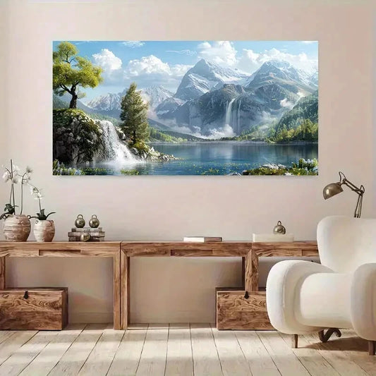 Snowy Peaks Mountain Lake wall canvas office home room framed 120x60cm - Bella Home Decor