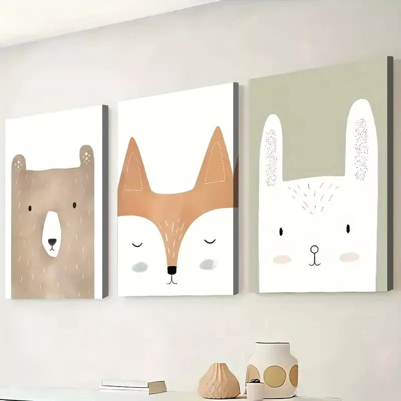 3pcs Artistic Modern Simple Cute Animals Face Wall Art Set Canvas Framed 50x70cm - High Quality Print 100% Australian Made Wall Canvas Ready to Hang - Bella Home Decor