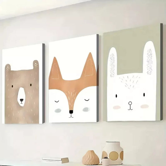 3pcs Artistic Modern Simple Cute Animals Face Wall Art Set Canvas Framed 50x70cm - High Quality Print 100% Australian Made Wall Canvas Ready to Hang - Bella Home Decor