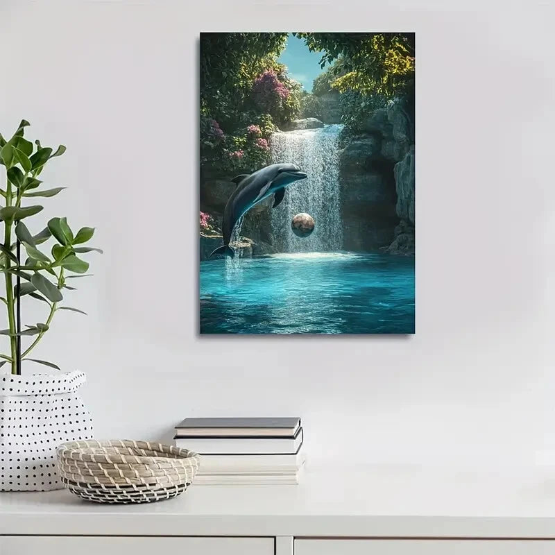 Dolphin & Ball Neon Glow Waterfall Scene Painting 40x60cm Metal Print Ready to Hang