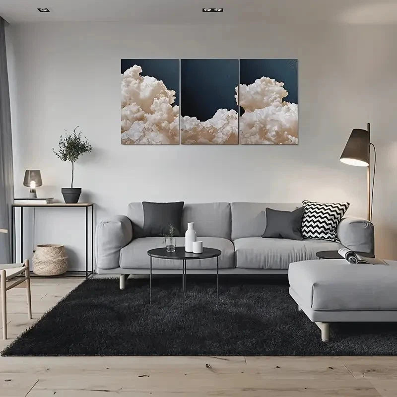 3pcs Modern Abstract Cloud Dark Blue Themed Metal Print Ready to Hang Art