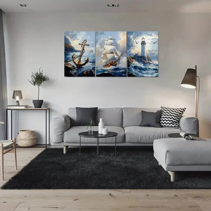 3pcs Lighthouse Ship Anchor Coastal Wall Art Set Canvas Framed 40x60cm - High Quality Print 100% Australian Made Wall Canvas Ready to Hang