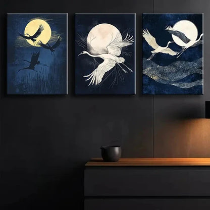 3pcs Cranes Fly Under the Moon Darkness Night Wall Art Set Canvas Unframed - High Quality Print 100% Australian Made Wall Canvas