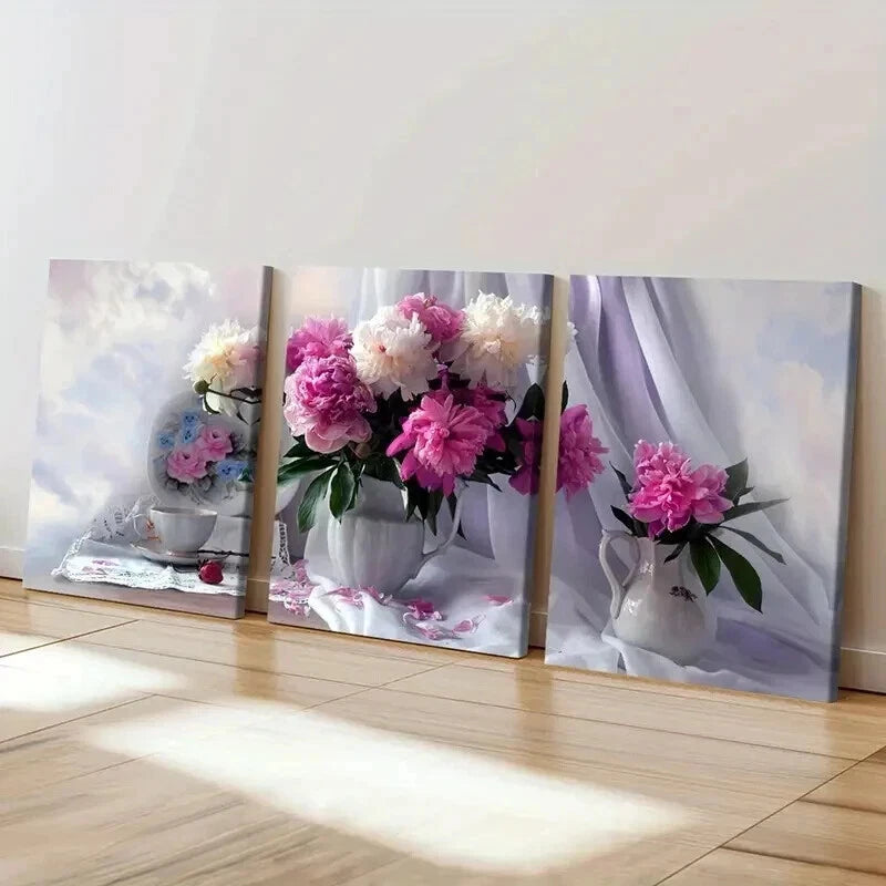 3pcs Vintage Art with Pink Peonies in Vase Wall Art Set Canvas Framed 40x60cm - High Quality Print 100% Australian Made Wall Canvas Ready to Hang