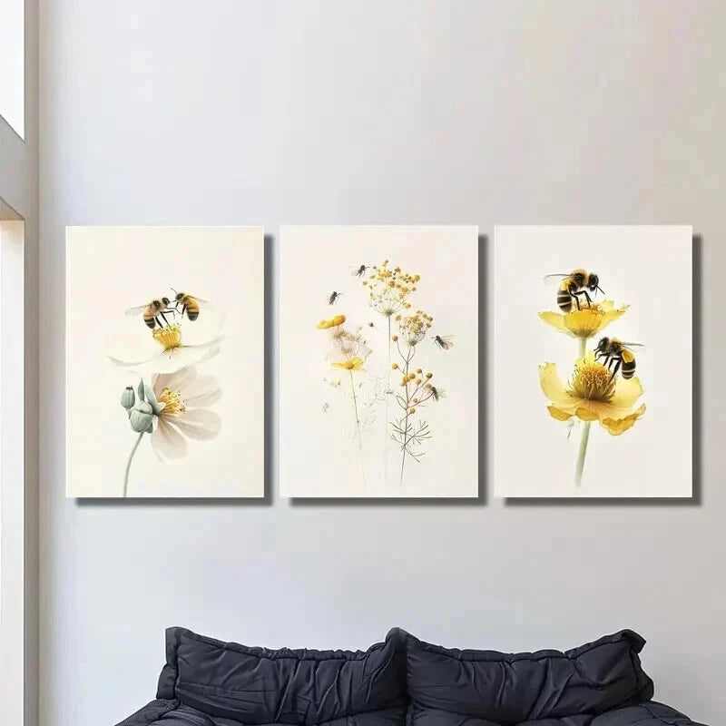 3pcs Flowers and Bees Collecting Nectar Wall Art Set Canvas Framed 40x60cm - High Quality Print 100% Australian Made Wall Canvas Ready to Hang