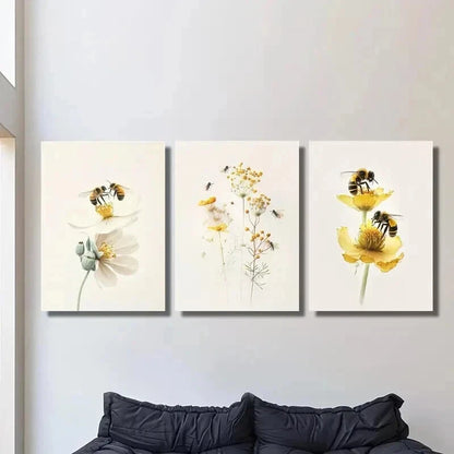 3pcs Flowers and Bees Collecting Nectar Wall Art Set Canvas Framed 40x60cm - High Quality Print 100% Australian Made Wall Canvas Ready to Hang