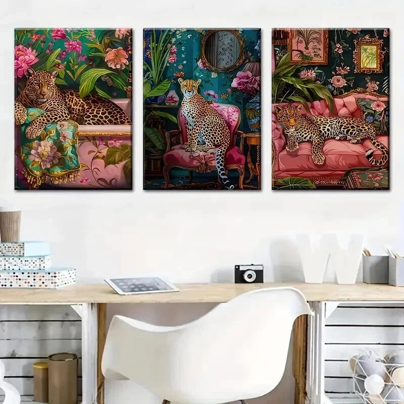 3pcs Three Cheetah Stylish Murals Perfect Wall Art Set Canvas Framed 50x70cm - High Quality Print 100% Australian Made Wall Canvas Ready to Hang