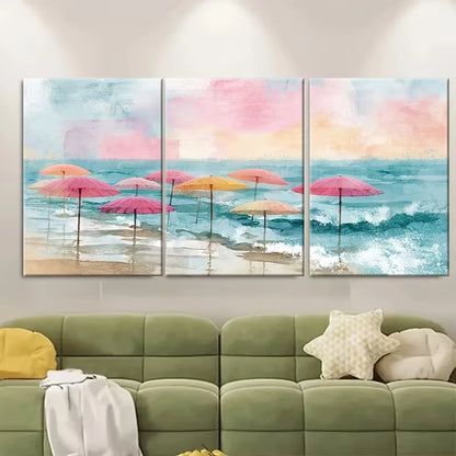 3pcs Pink Umbrellas & Ocean Waves Metal Print Ready to Hang Art