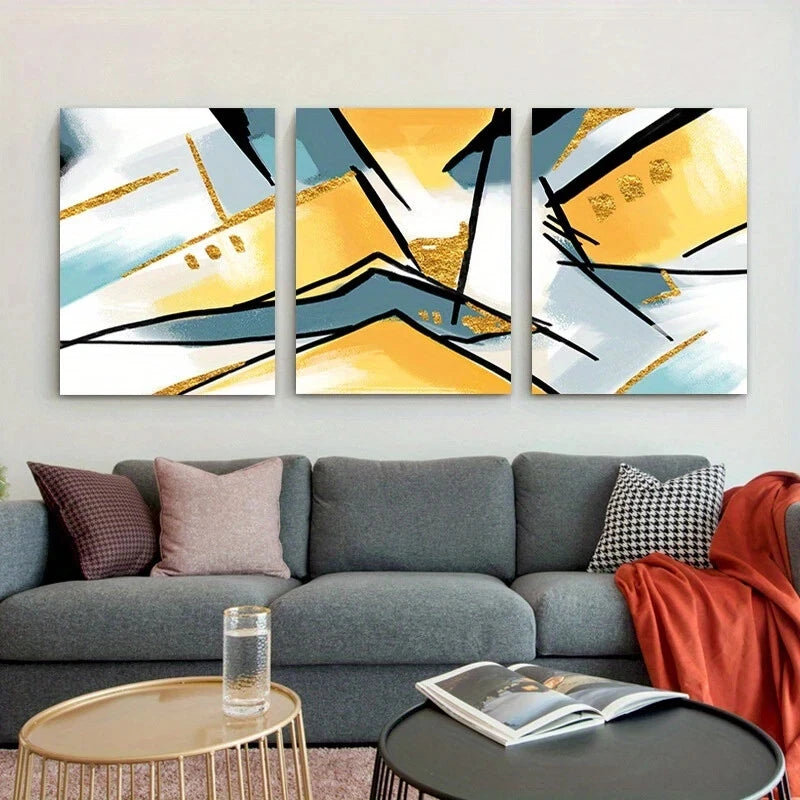 3pcs Abstract Yellow Blue & Black Lines Metal Print Ready to Hang Art