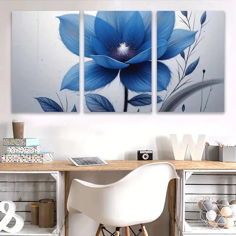3pcs Blue Flower Artwork Wall Art Set Canvas Framed 50x70cm - High Quality Print 100% Australian Made Wall Canvas Ready to Hang