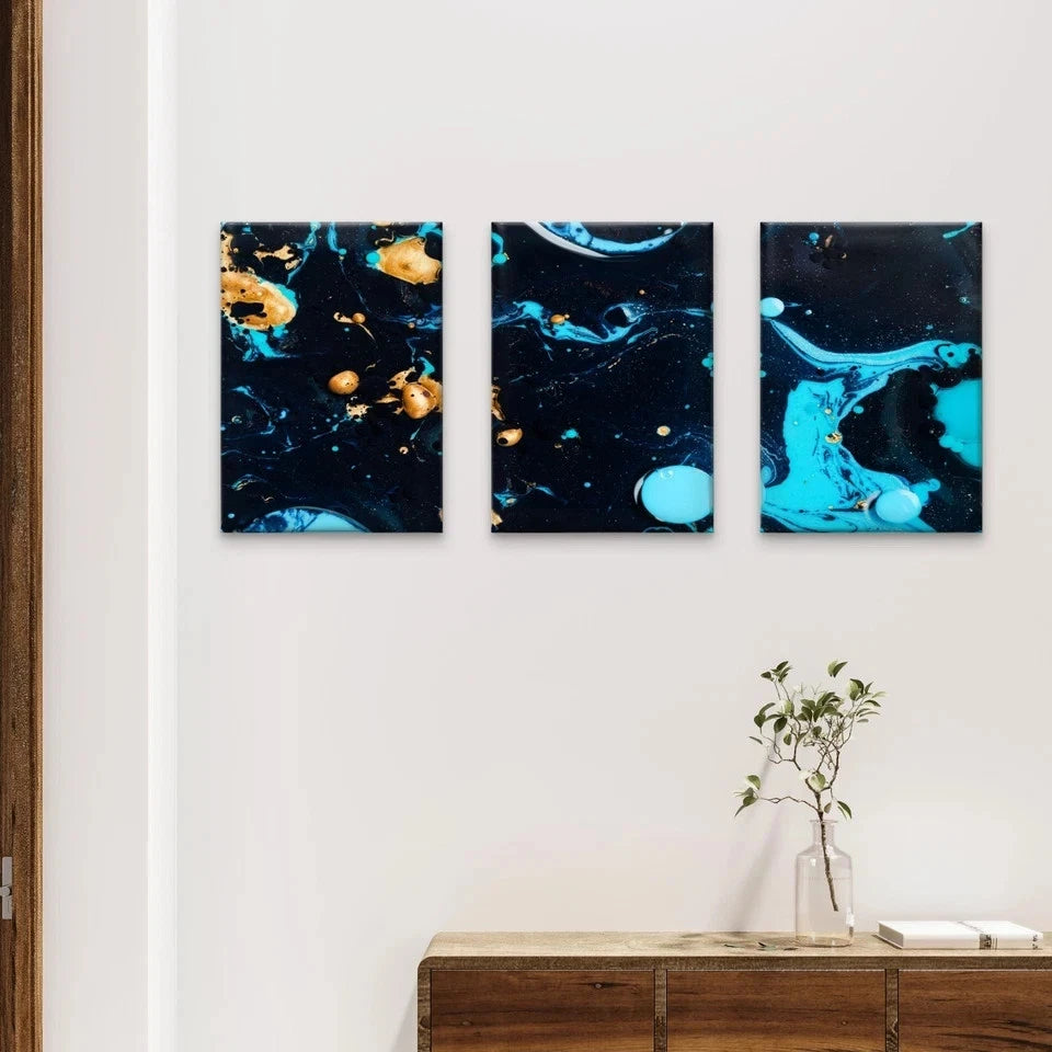 3pcs Cosmic Blue and Gold Fluid Abstract Marble Wall Art Set Canvas Framed 60x90cm - High Quality Print 100% Australian Made Wall Canvas Ready to Hang