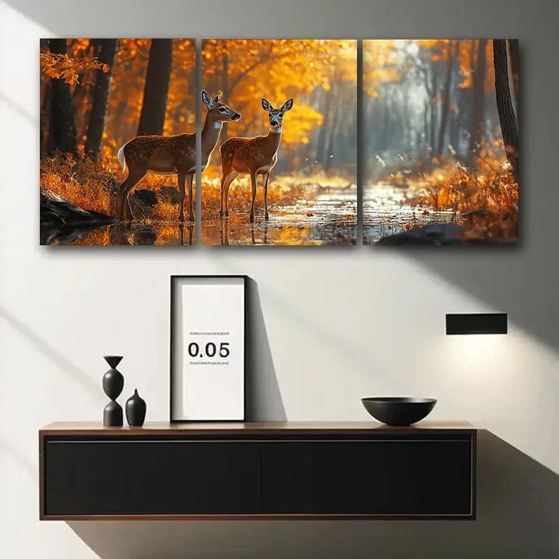 3pcs White Tailed Deer Forest Themed Metal Print Ready to Hang Art