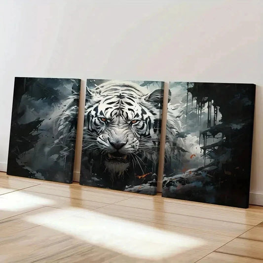 3pcs White Tiger Growling and Staring Wall Art Set Canvas Framed 40x60cm - High Quality Print 100% Australian Made Wall Canvas Ready to Hang