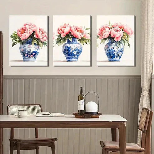 3pcs Blue and White Porcelain Vase Perfect Wall Art Set Canvas Unframed - High Quality Print 100% Australian Made Wall Canvas