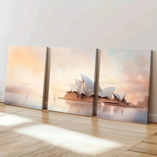 3pcs Sydney Opera House Pastel Sky Sailing Boat Wall Art Set Canvas Framed 50x70cm - High Quality Print 100% Australian Made Wall Canvas Ready to Hang