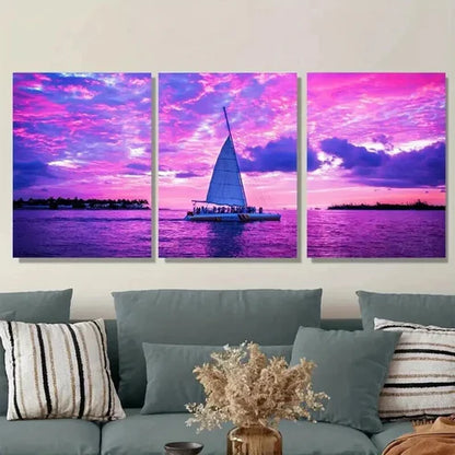 3pcs Sunset Sailboat Bright Pink & Purple Sky Wall Art Set Canvas Unframed - High Quality Print 100% Australian Made Wall Canvas