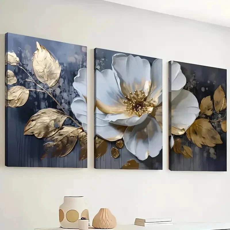 3pcs Large White Flowers and Golden Leaves Wall Art Set Canvas Framed 40x60cm - High Quality Print 100% Australian Made Wall Canvas Ready to Hang