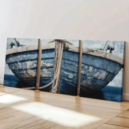 3pcs Blue Wooden Boat & Rope Design Wall Art Canvas Unframed - High Quality Print 100% Australian Made Wall Canvas