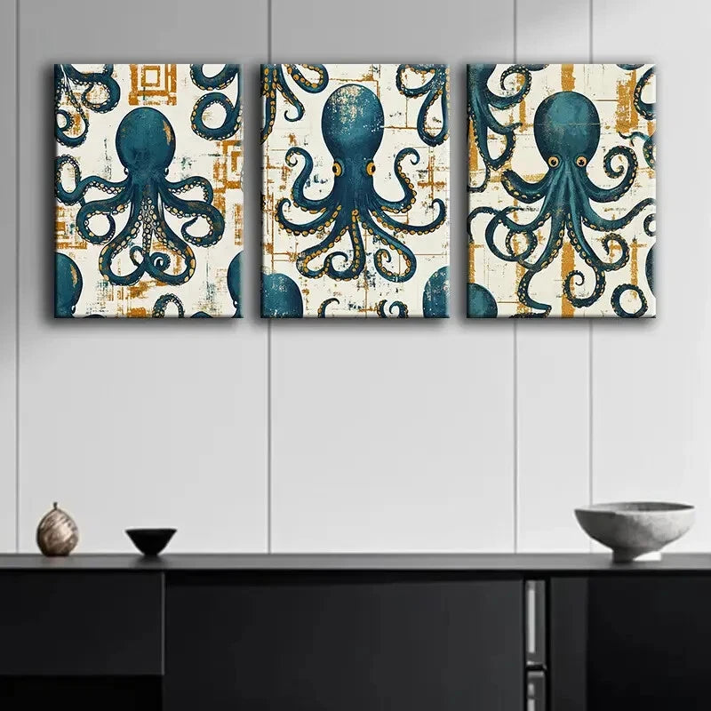 3pcs Contemporary Octopus Sea Animal Metal Print Ready to Hang Art
