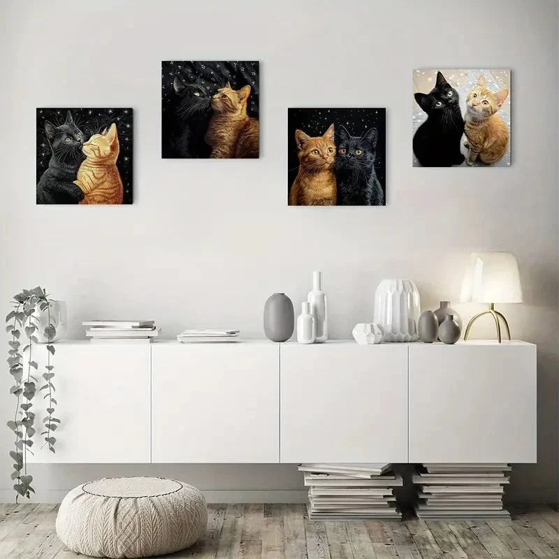 4pcs Black Cat and Orange Cat Wall Art Canvas Framed