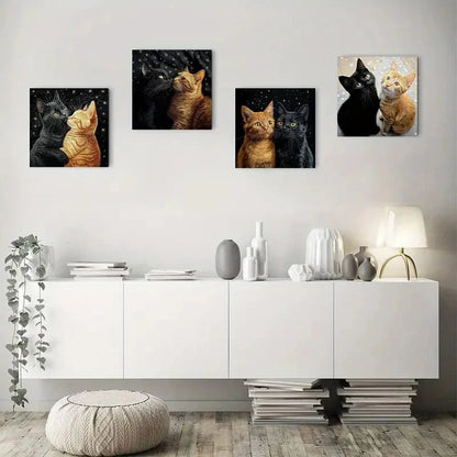 4pcs Black Cat and Orange Cat Wall Art Canvas Framed