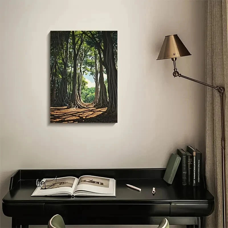 Vibrant Banyan Forest Scene with Lush Green Painting  40x60cm Metal Print Ready to Hang