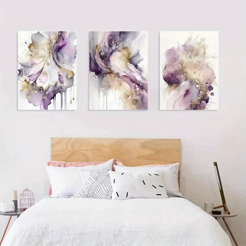 3pcs Purple And Golden Wall Decor Painting Metal Print Ready to Hang Art
