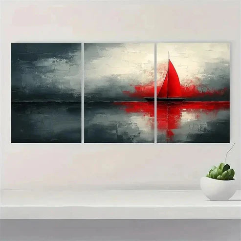 3pcs Red Gray and White Abstract IP Wall Art Canvas Unframed - High Quality Print 100% Australian Made Wall Canvas