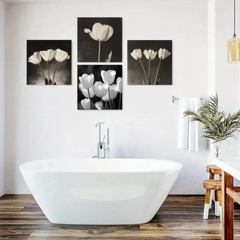 4pcs Black And White Photography Paintings,Tulip Wall Art Canvas Framed