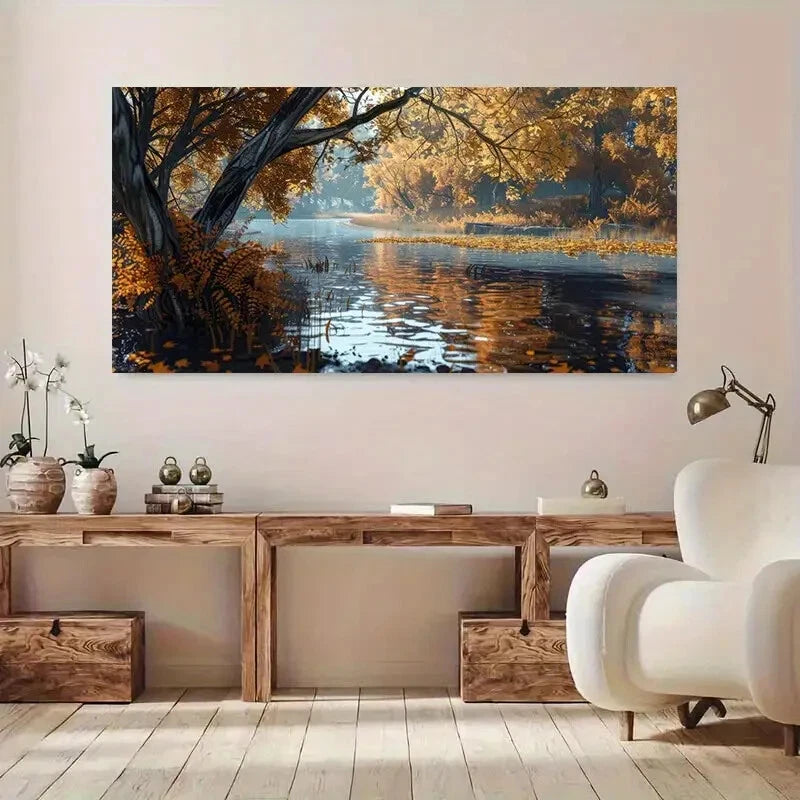 Autumn River Golden Leaf wall canvas office home room framed 120x60cm