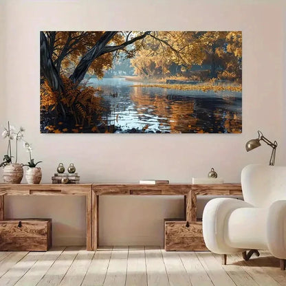 Autumn River Golden Leaf wall canvas office home room framed 120x60cm