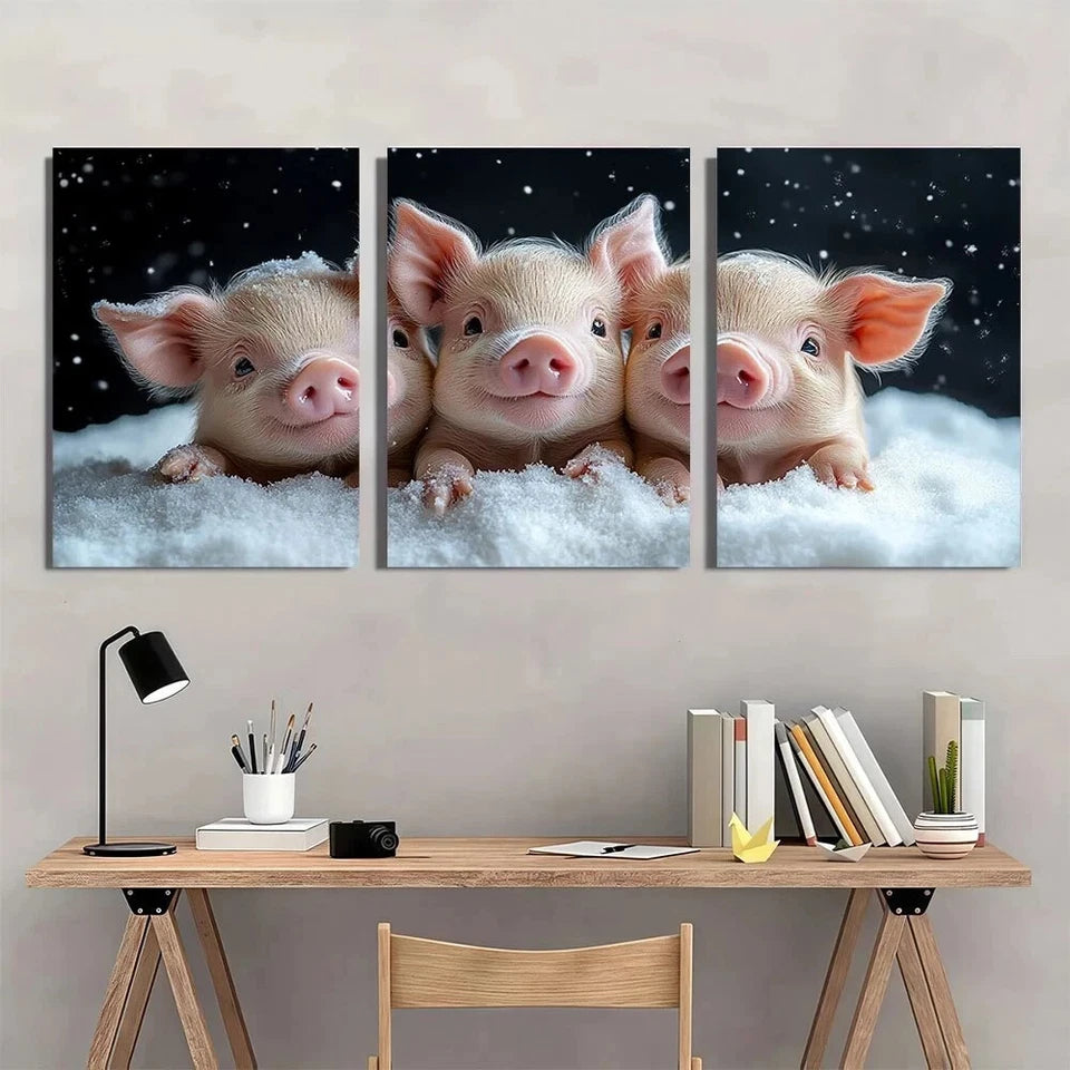 3pcs Cute Little Pigs in Snowy Winter Scene Metal Print Ready to Hang Art