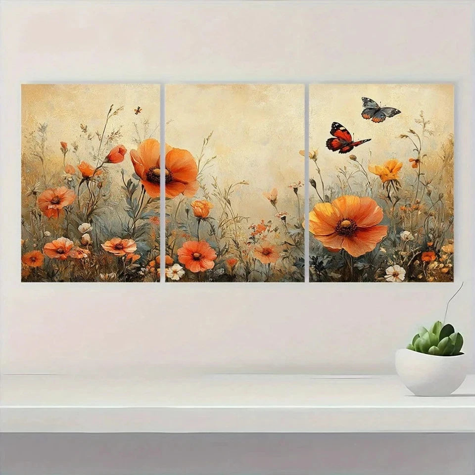 3pcs Vintage Butterflies in the Field Wall Art Set Canvas Framed 60x90cm - High Quality Print 100% Australian Made Wall Canvas Ready to Hang