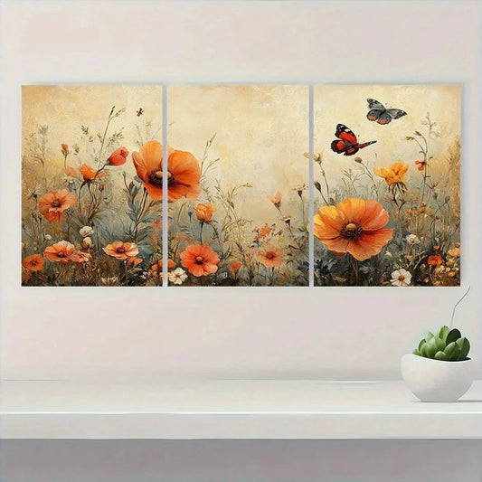 3pcs Vintage Butterflies in the Field Wall Art Set Canvas Framed 60x90cm - High Quality Print 100% Australian Made Wall Canvas Ready to Hang