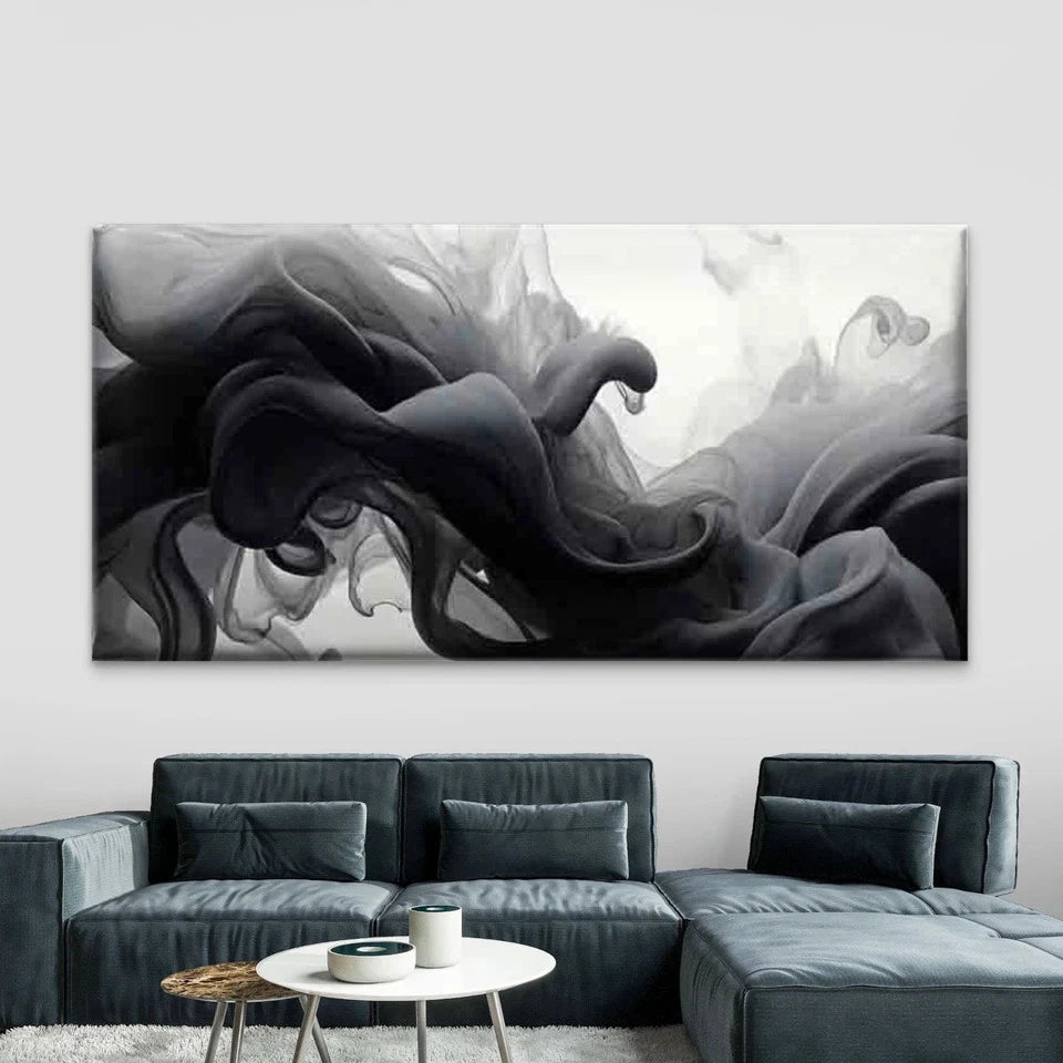 Abstract Black Ink Smoke Flow Wall Art Canvas Office Home Room Framed 120x60cm