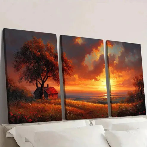 3pcs Rustic Sunset Featuring Cabin & Hilltops Wall Art Set Canvas Unframed - High Quality Print 100% Australian Made Wall Canvas