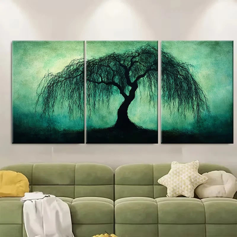 3pcs Weeping Willow Tree Art | Moody Green Metal Print Ready to Hang Art