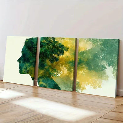 3pcs Profile Silhouette, Green Leaves  Wall Art Set Canvas Framed 60x90cm - High Quality Print 100% Australian Made Wall Canvas Ready to Hang