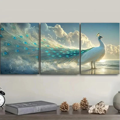 3pcs Elegant White PeaRooster with Blue Feathers Metal Print Ready to Hang Art