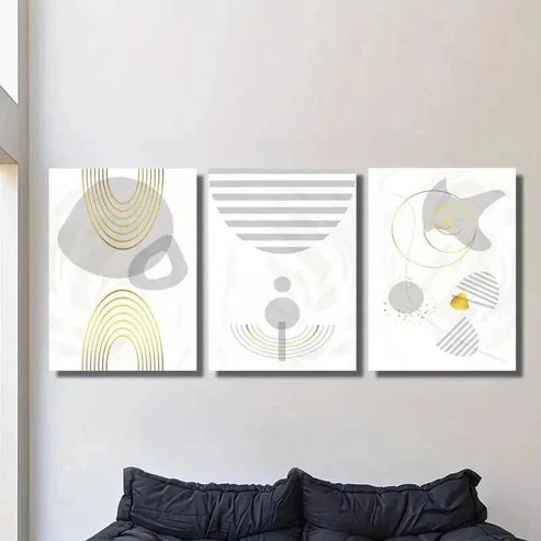 3pcs Abstract Gray and Retro Golden Lines Wall Art Canvas Unframed – High Quality Print 100% Australian Made Wall Canvas