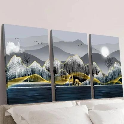 3pcs Elk Trees Mountains River Full Moon Wall Art Set Canvas Framed 40x60cm - High Quality Print 100% Australian Made Wall Canvas Ready to Hang