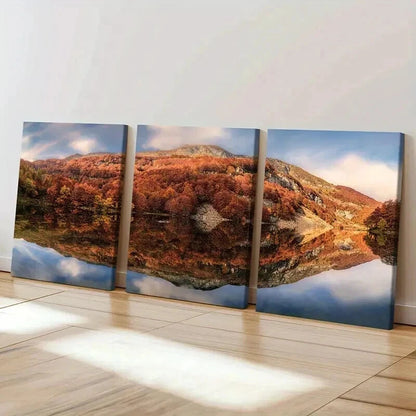 3pcs Autumn Forest Mountains & Reflections Wall Art Set Canvas Framed 40x60cm - High Quality Print 100% Australian Made Wall Canvas Ready to Hang