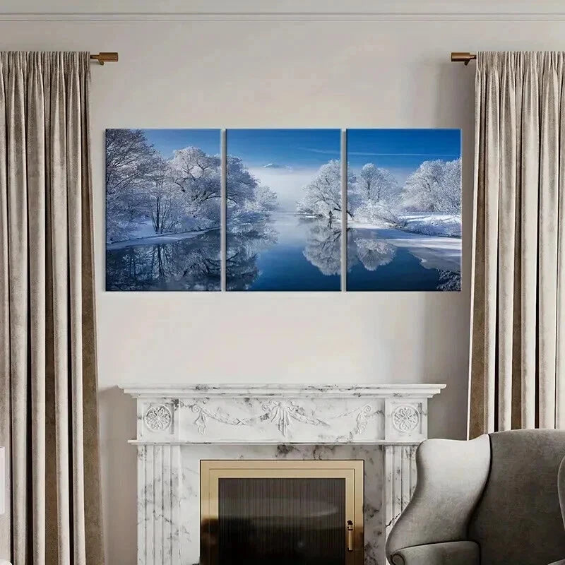 3pcs Snow Scene Forest Lake & Trees Wall Art Set Canvas Framed 40x60cm - High Quality Print 100% Australian Made Wall Canvas Ready to Hang
