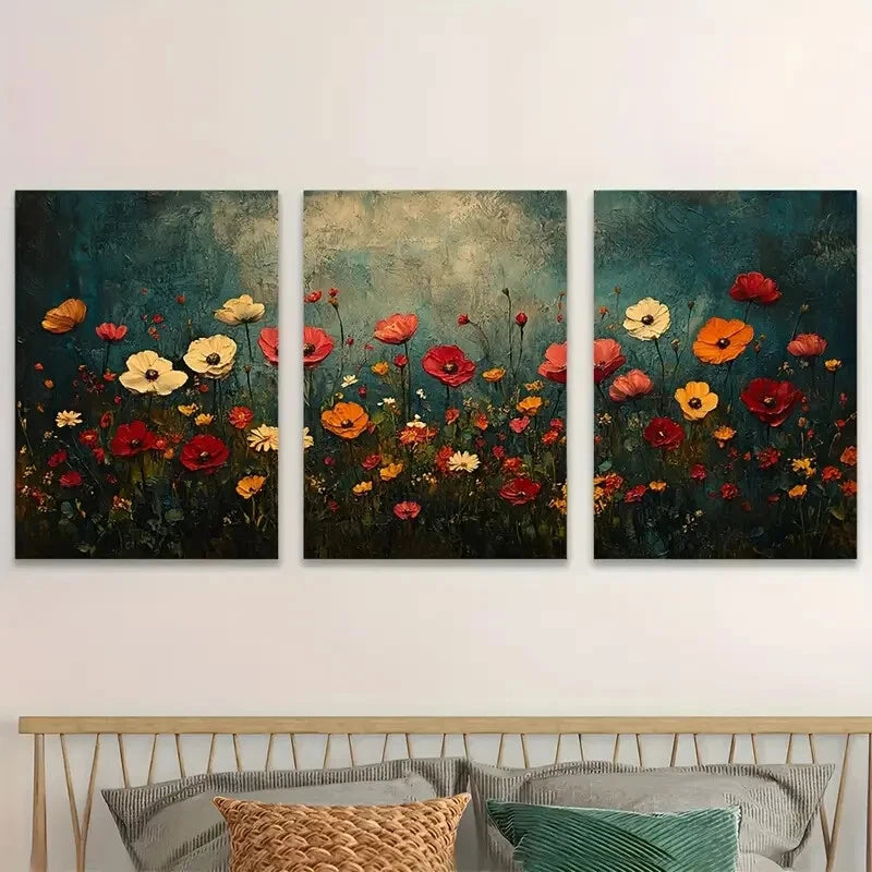 3pcs Dark Floral Meadow Botanical Perfect Wall Art Set Canvas Framed 40x60cm - High Quality Print 100% Australian Made Wall Canvas Ready to Hang