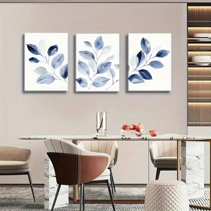 3pcs Blue Leaf Botanical Modern Nature Metal Print Ready to Hang Art