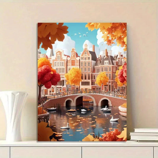 Autumn in The City of Leumidd, With a River And Bridge 40x60cm Metal Print Ready to Hang