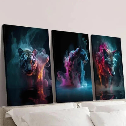 3pcs Fantasy Neon Animal Tiger Bear Wolf Wall Art Set Canvas Framed 40x60cm - High Quality Print 100% Australian Made Wall Canvas Ready to Hang