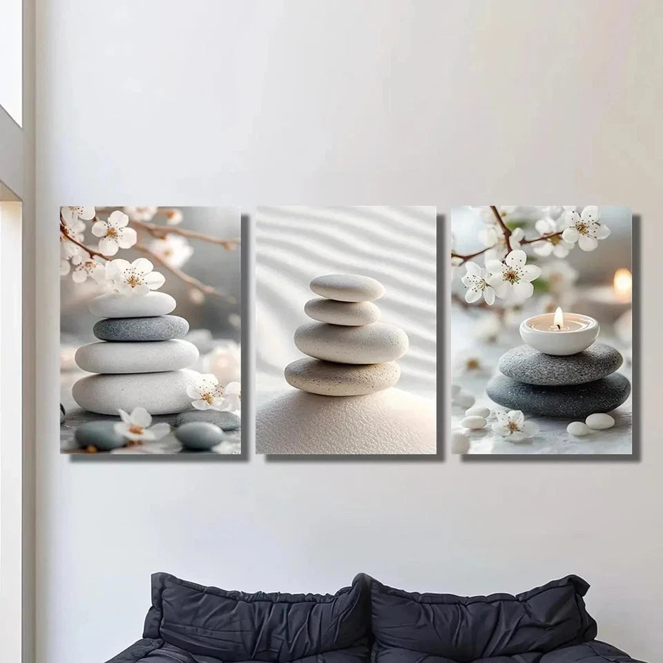 3pcs Beautiful Pebble Beach on Gray Metal Print Ready to Hang Art