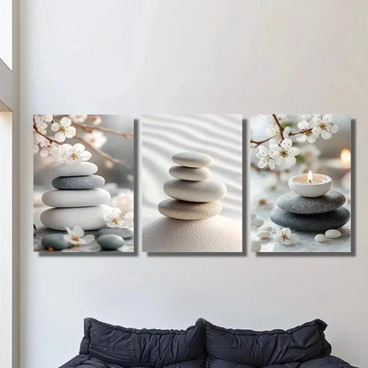 3pcs Beautiful Pebble Beach on Gray Metal Print Ready to Hang Art