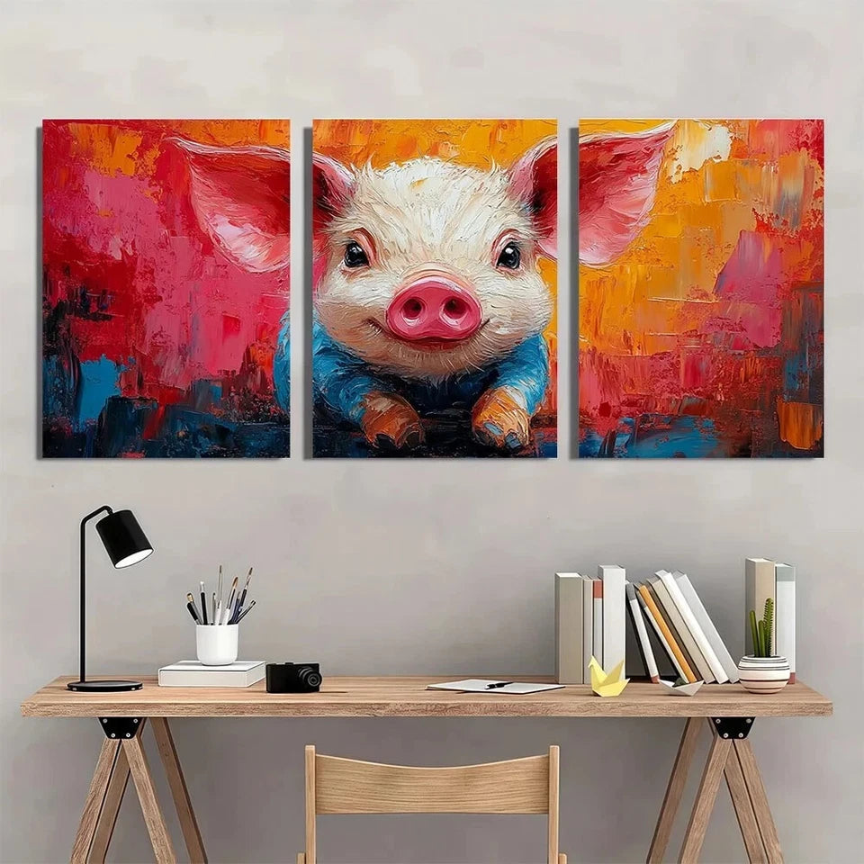 3pcs Painting Cute Pig Colourful Pink Metal Print Ready to Hang Art